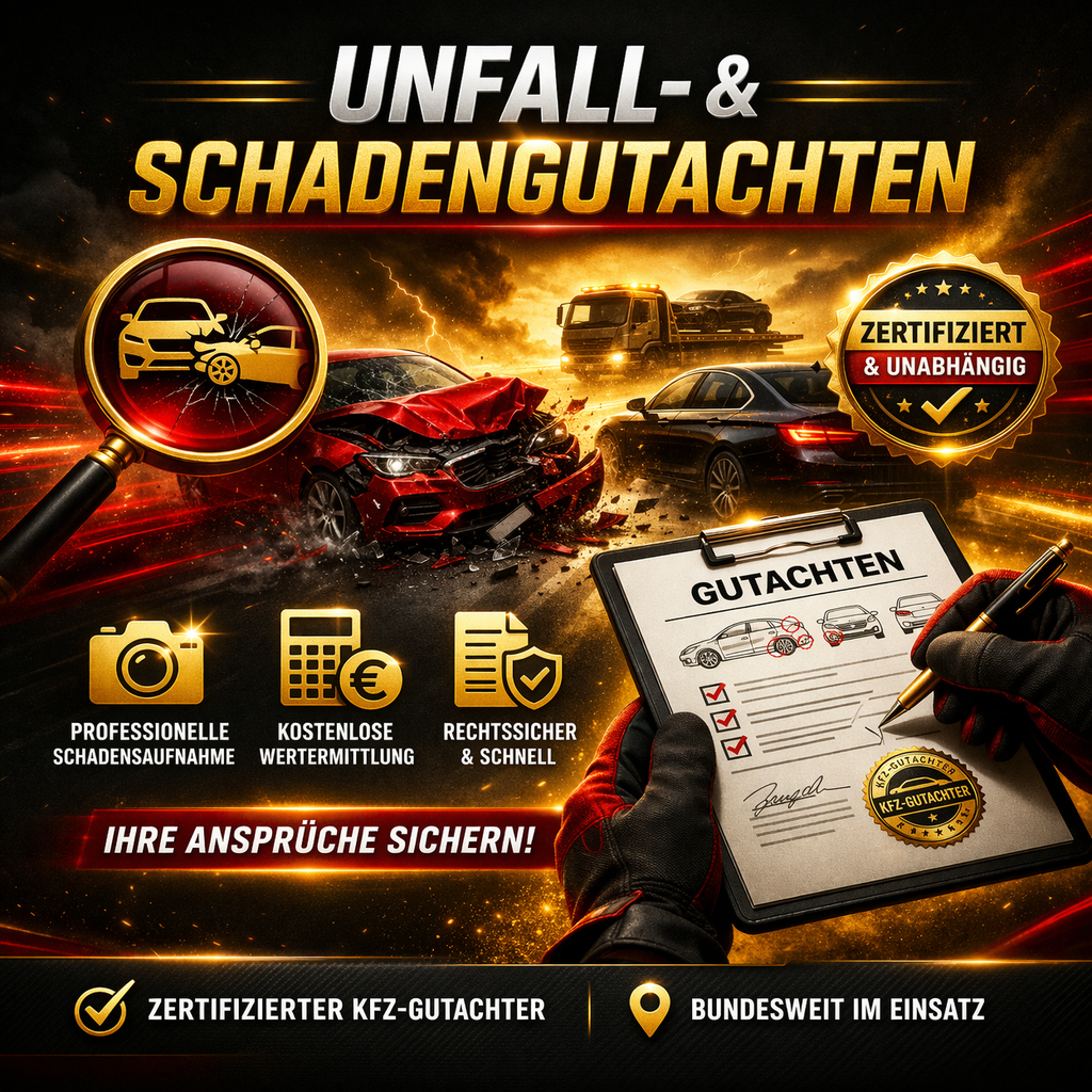 Beschädigtes Auto nach Unfall mit Gutachter vor Ort
