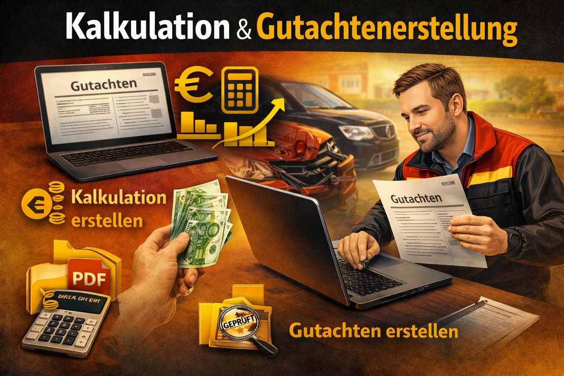 Gutachter erstellt am Laptop ein KFZ-Gutachten